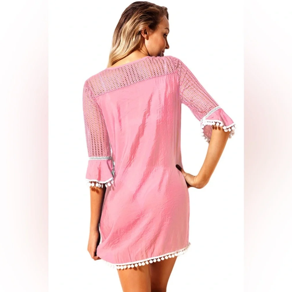 2X Crochet Pom Pom Trim Beach Tunic Cover Up - Picture 3 of 4